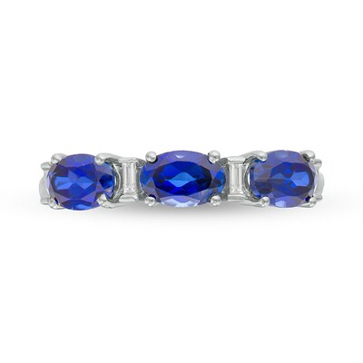 Previously Owned - Oval Lab-Created Blue Sapphire and Baguette Diamond Accent Three Stone Ring in Sterling Silver