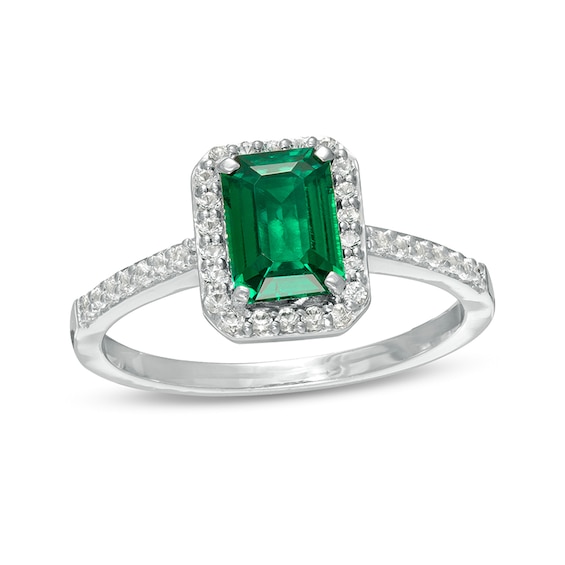 Previously Owned - Emerald-Cut Lab-Created Emerald and White Sapphire Frame Ring in Sterling Silver