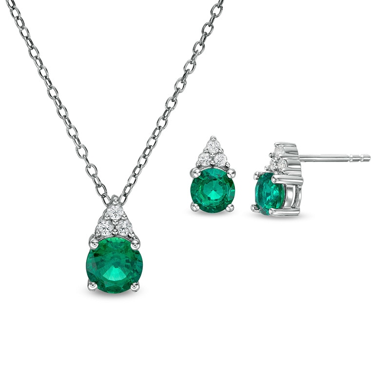 Previously Owned - Lab-Created Emerald and White Sapphire Tri-Top Pendant and Stud Earrings Set in Sterling Silver|Peoples Jewellers
