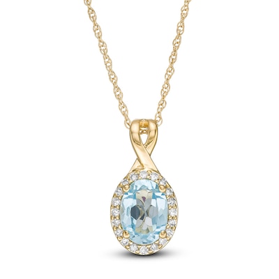 Previously Owned - Oval Swiss Blue Topaz and 0.08 CT. T.W. Diamond Frame Twisted Split Bail Pendant in 10K Gold