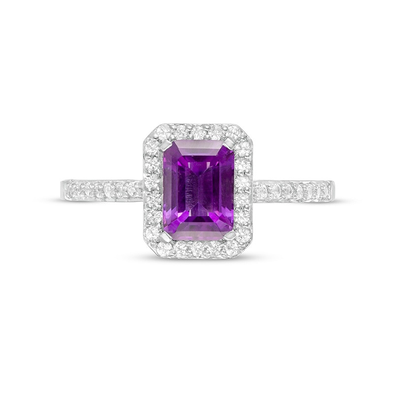 Main Image 4 of Previously Owned - Emerald-Cut Lab-Created Amethyst and White Sapphire Octagonal Frame Ring in Sterling Silver