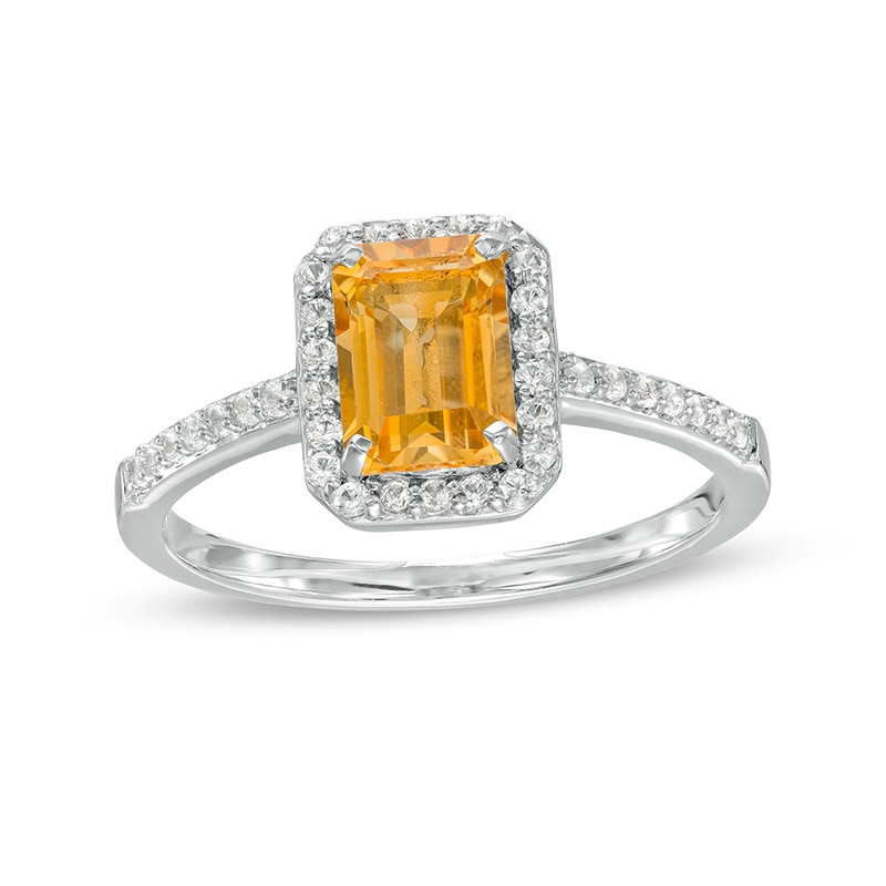 Main Image 1 of Previously Owned - Emerald-Cut Lab-Created Citrine and White Sapphire Octagonal Frame Ring in Sterling Silver