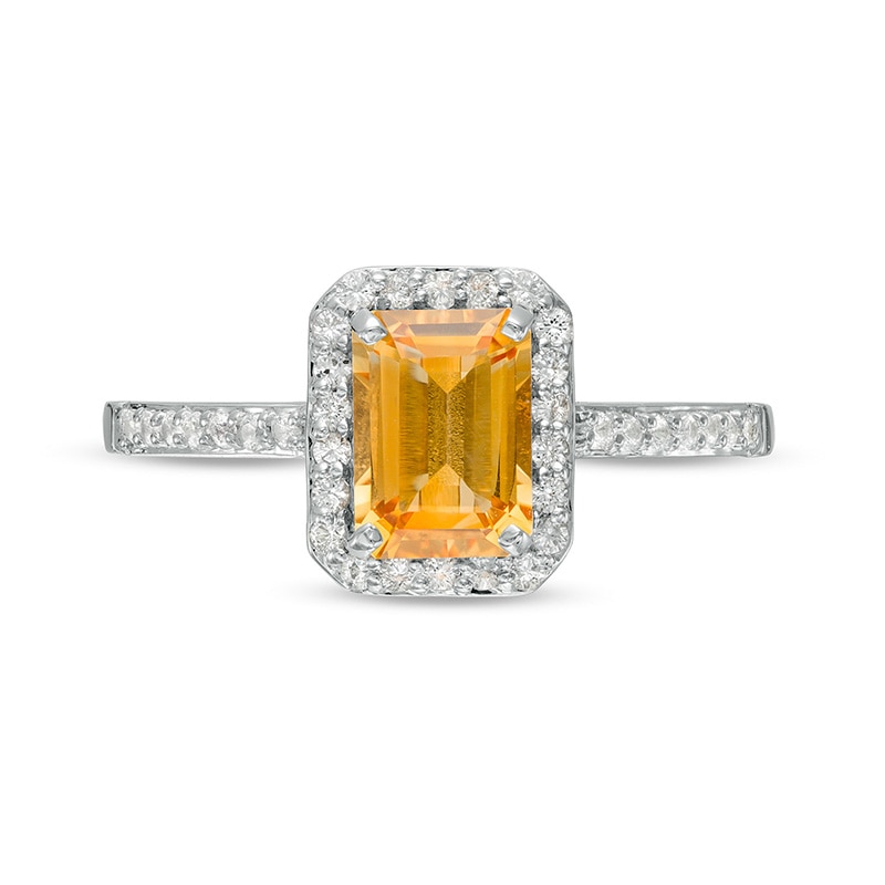 Main Image 4 of Previously Owned - Emerald-Cut Lab-Created Citrine and White Sapphire Octagonal Frame Ring in Sterling Silver