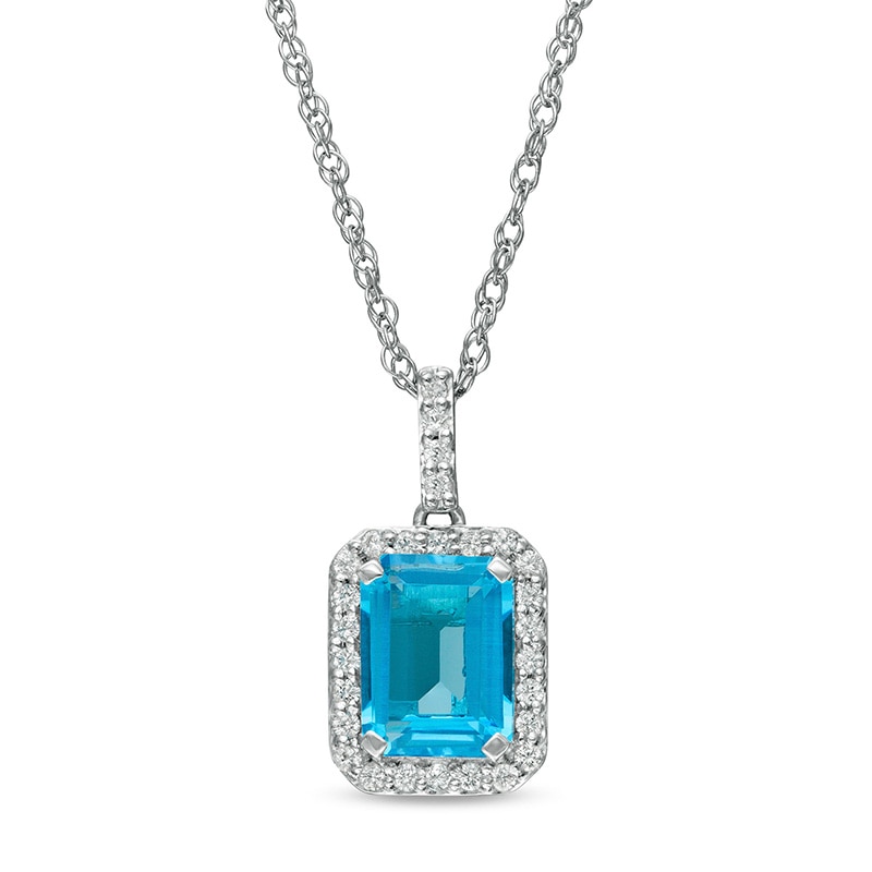 Previously Owned - Emerald-Cut Simulated Blue Topaz and Lab-Created White Sapphire Frame Drop Pendant in Sterling Silver|Peoples Jewellers