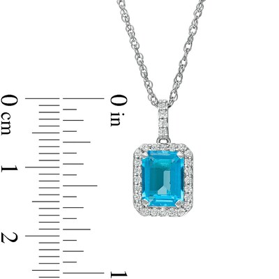 Previously Owned - Emerald-Cut Simulated Blue Topaz and Lab-Created White Sapphire Frame Drop Pendant in Sterling Silver