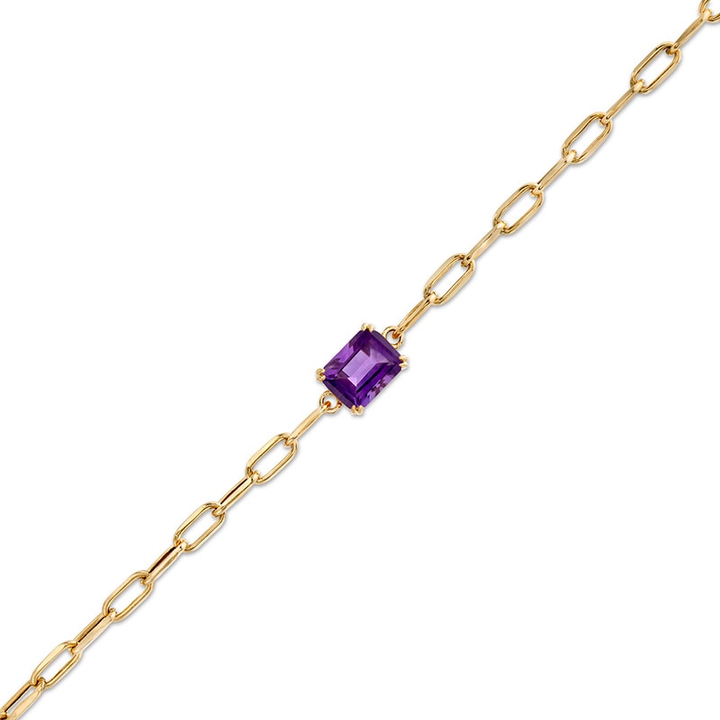 Previously Owned - Emerald-Cut Amethyst Solitaire and Paper Clip Chain Bracelet in 10K Gold - 7.25"