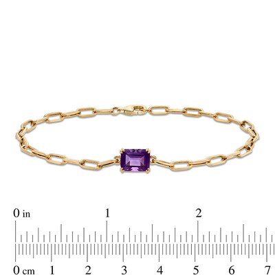 Previously Owned - Emerald-Cut Amethyst Solitaire and Paper Clip Chain Bracelet in 10K Gold - 7.25"