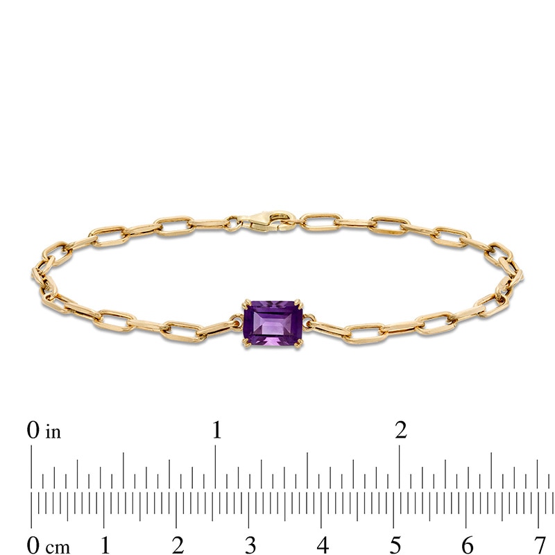Previously Owned - Emerald-Cut Amethyst Solitaire and Paper Clip Chain Bracelet in 10K Gold - 7.25"