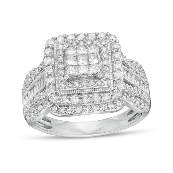 Previously Owned - 1.00 CT. T.W. Multi-Diamond Double Cushion Frame Vintage-Style Engagement Ring in 10K White Gold