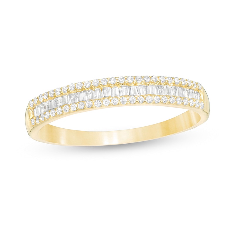 Main Image 1 of Previously Owned - 0.25 CT. T.W. Baguette and Round Diamond Triple Row Anniversary Band in 10K Gold