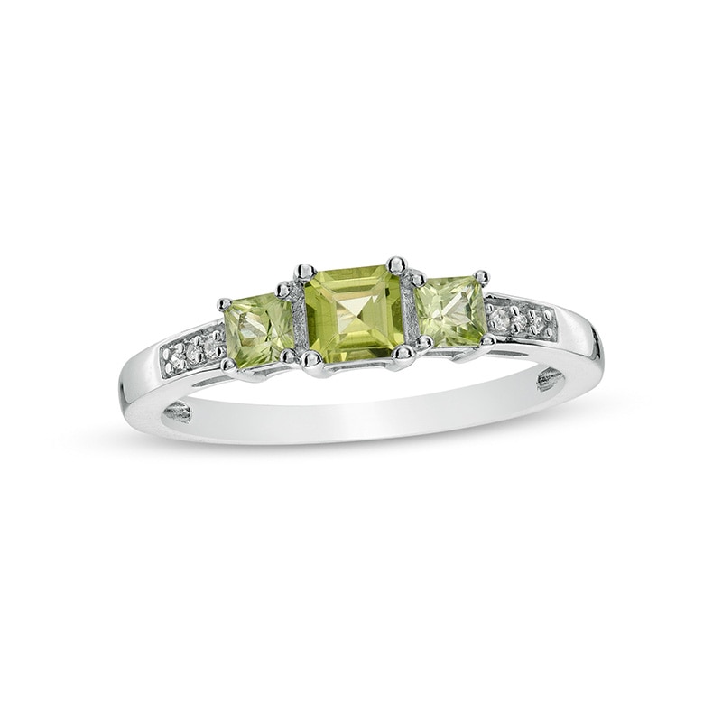 Main Image 1 of Previously Owned - Princess-Cut Peridot and Diamond Accent Three Stone Ring in 10K White Gold