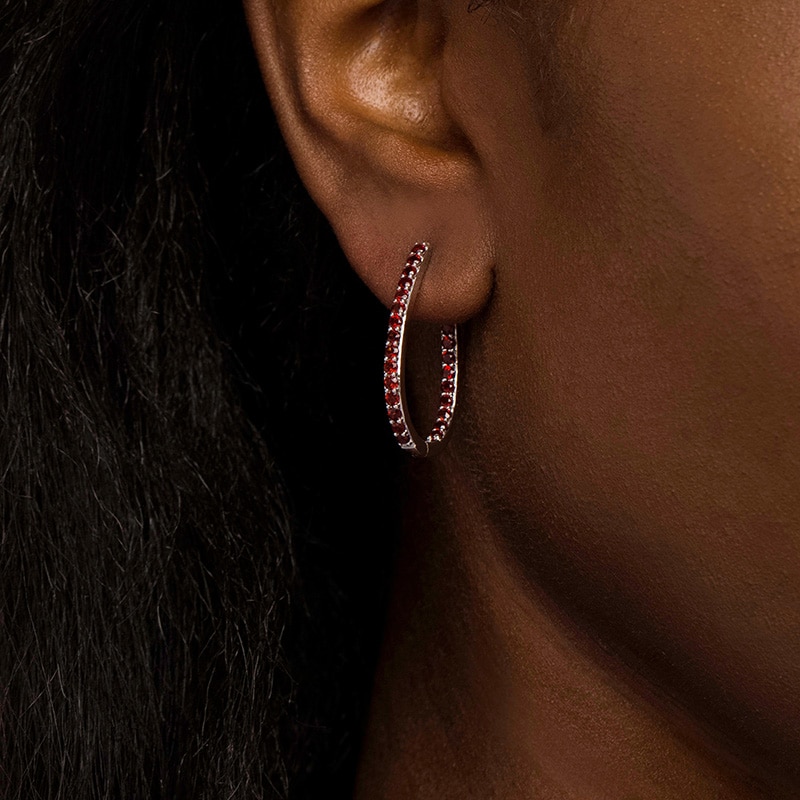 Previously Owned - Garnet Inside-Out Oval Hoop Earrings in Sterling Silver|Peoples Jewellers