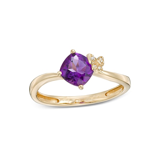 Previously Owned - 6.0mm Cushion-Cut Amethyst and Diamond Accent Butterfly Ring in 10K Gold