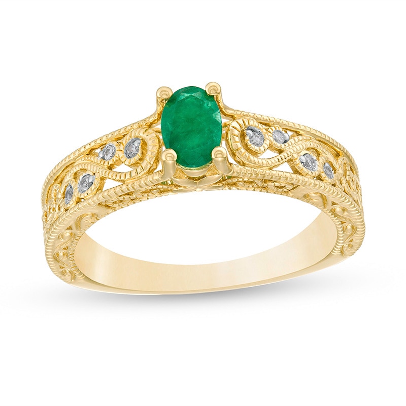 Previously Owned - Oval Emerald and 0.05 CT. T.W. Diamond Scroll Open Shank Vintage-Style Ring in 10K Gold|Peoples Jewellers