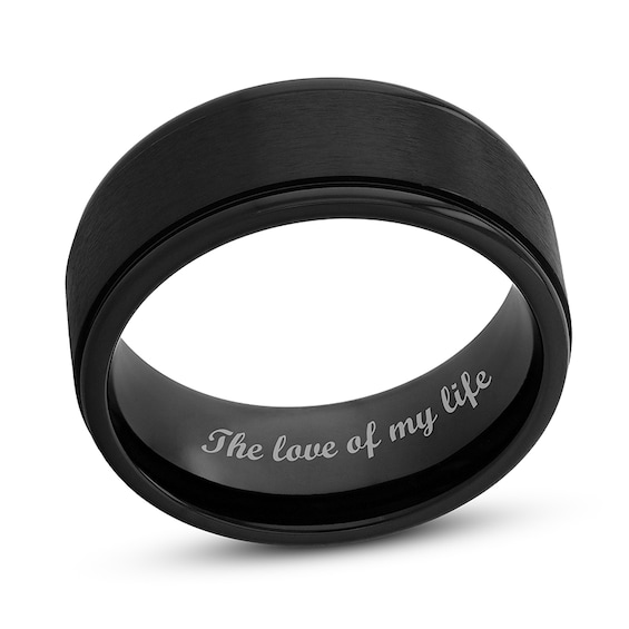 Previously Owned - Men's 9.0mm Engravable Satin Stepped Edge Comfort-Fit Wedding Band in Titanium with Black IP (1 Line)