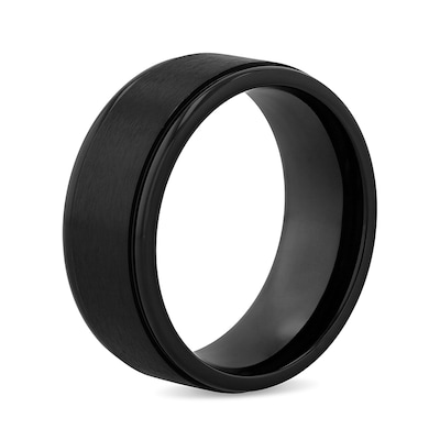 Previously Owned - Men's 9.0mm Engravable Satin Stepped Edge Comfort-Fit Wedding Band in Titanium with Black IP (1 Line)