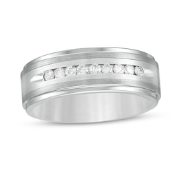 Previously Owned - Men's 0.24 CT. T.W. Diamond Stepped Edge Comfort-Fit Wedding Band in Stainless Steel and Tungsten