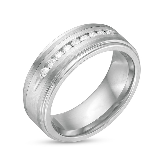 Previously Owned - Men's 0.24 CT. T.W. Diamond Stepped Edge Comfort-Fit Wedding Band in Stainless Steel and Tungsten