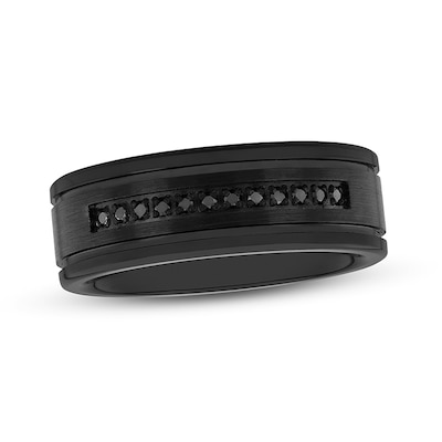 Previously Owned - Men's 0.09 CT. T.W. Black Diamond Double Groove Comfort-Fit Wedding Band in Tungsten with Black IP