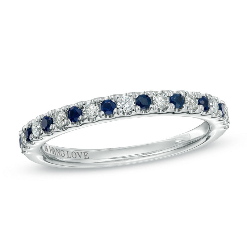 Previously Owned Vera Wang Love Collection 0.14 CT. T.W. Diamond and Blue Sapphire Band in 14K White Gold|Peoples Jewellers