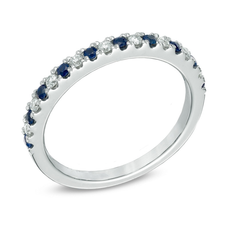 Previously Owned Vera Wang Love Collection 0.14 CT. T.W. Diamond and Blue Sapphire Band in 14K White Gold|Peoples Jewellers