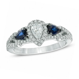 Previously Owned Vera Wang Love Collection 0.70 CT. T.W. Pear-Shaped Diamond and Blue Sapphire Ring in 14K White Gold