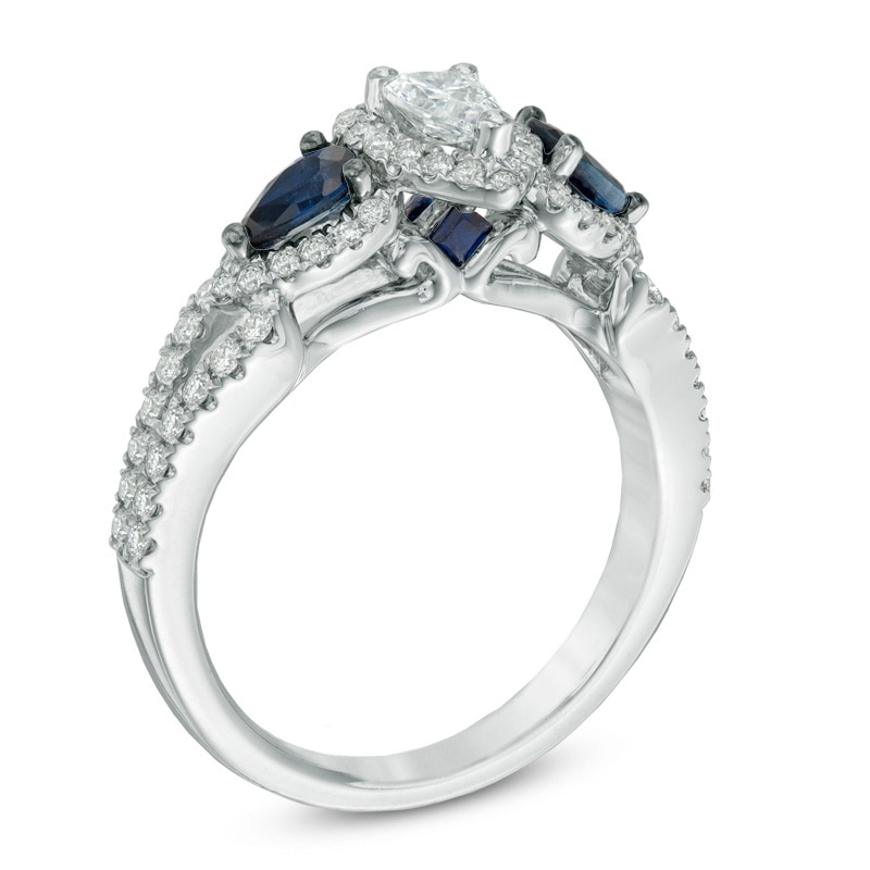 Previously Owned Vera Wang Love Collection 0.70 CT. T.W. Pear-Shaped Diamond and Blue Sapphire Ring in 14K White Gold