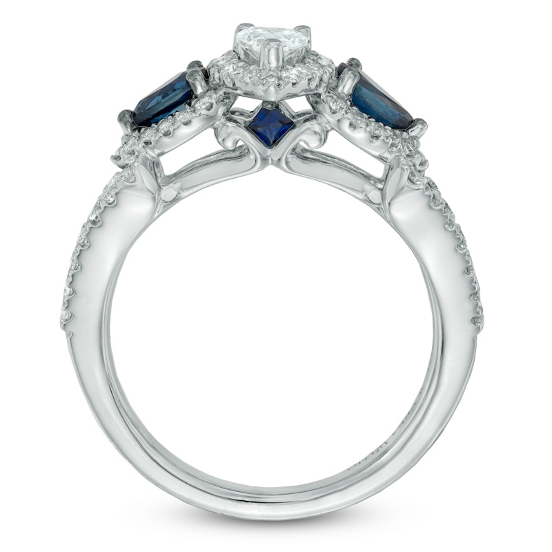 Previously Owned Vera Wang Love Collection 0.70 CT. T.W. Pear-Shaped Diamond and Blue Sapphire Ring in 14K White Gold