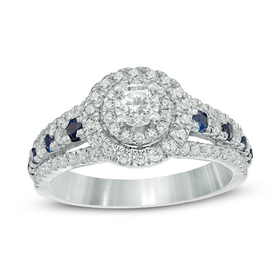 Previously Owned - Vera Wang Love Collection 0.80 CT. T.W. Diamond and Blue Sapphire Double Frame Ring in 14K White Gold