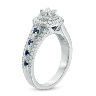 Previously Owned - Vera Wang Love Collection 0.80 CT. T.W. Diamond and Blue Sapphire Double Frame Ring in 14K White Gold