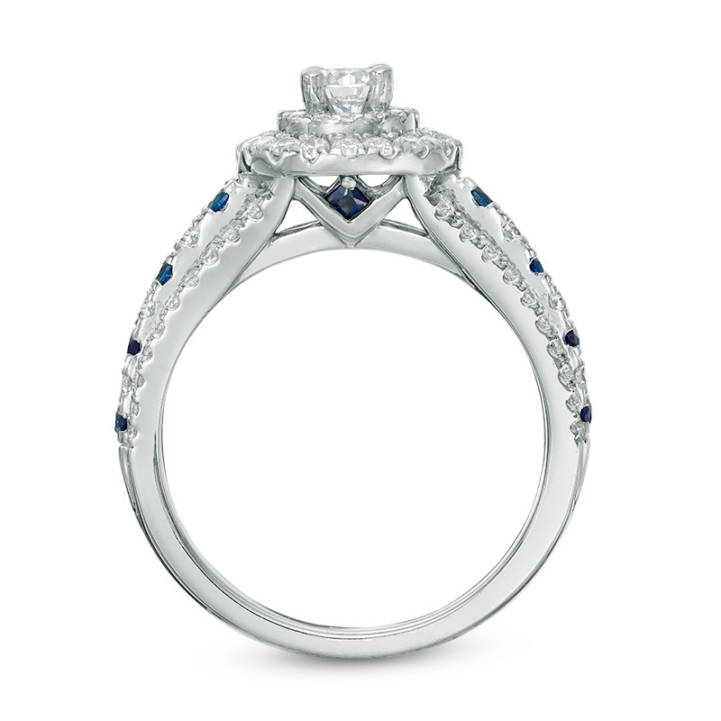 Previously Owned - Vera Wang Love Collection 0.80 CT. T.W. Diamond and Blue Sapphire Double Frame Ring in 14K White Gold