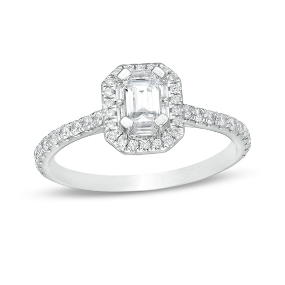 Previously Owned 0.70 CT. T.W. Emerald-Cut Diamond Octagonal Frame Engagement Ring in 14K White Gold