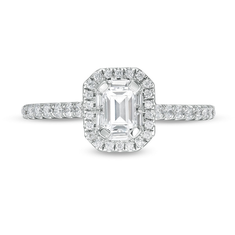 Previously Owned 0.70 CT. T.W. Emerald-Cut Diamond Octagonal Frame Engagement Ring in 14K White Gold|Peoples Jewellers