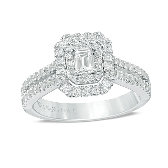 Previously Owned - Vera Wang Love Collection 0.95 CT. T.W. Emerald-Cut Diamond Double Frame Engagement Ring in 14K White Gold