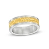 Previously Owned Men's 7.0mm Double Row Chevron Inlay Wedding Band in Stainless Steel and Yellow Ion-Plate - Size 10