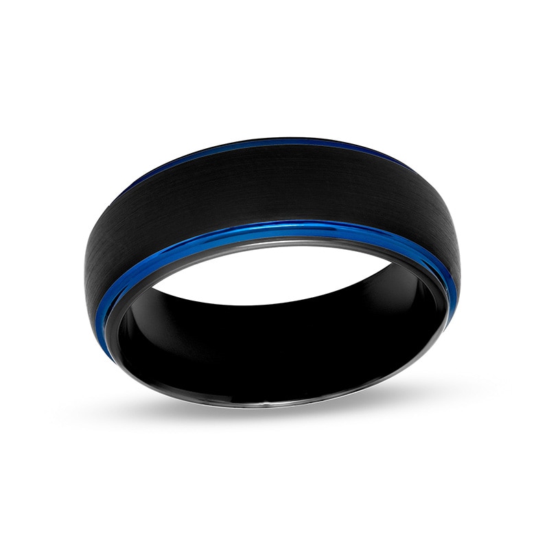 Previously Owned Men's 8.0mm Brushed Stepped Edge Band in Tungsten with Black and Blue Ion-Plate – Size 10|Peoples Jewellers