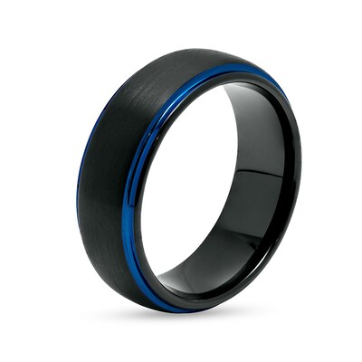 Previously Owned Men's 8.0mm Brushed Stepped Edge Band in Tungsten with Black and Blue Ion-Plate – Size 10