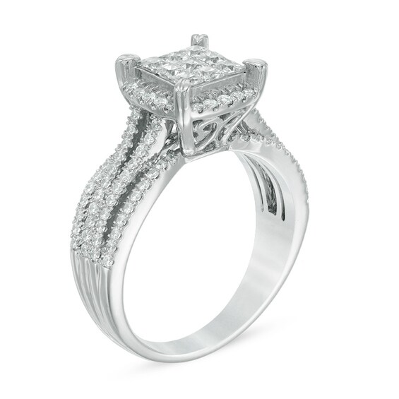 Previously Owned - 1.00 CT. T.W. Princess-Cut Composite Diamond Frame Multi-Row Engagement Ring in 10K White Gold