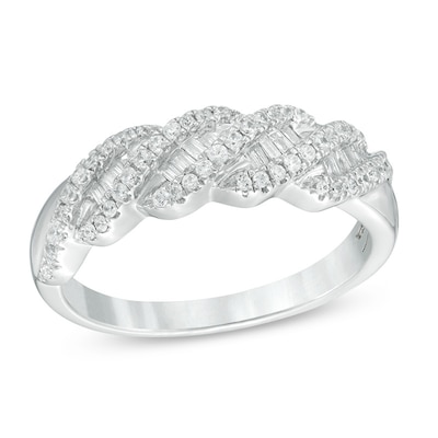 Previously Owned - 0.38 CT. T.W. Baguette and Round Diamond Wave Anniversary Band in 10K White Gold