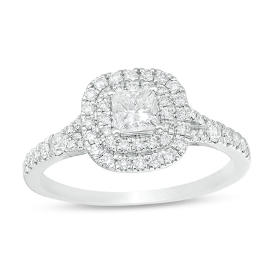 Previously Owned - 0.70 CT. T.W.  Princess-Cut Diamond Double Frame Engagement Ring in 14K White Gold (I/I2)