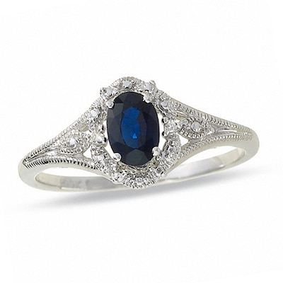 Previously Owned - Oval Blue Sapphire Filigree Ring in 10K White Gold with Diamond Accents