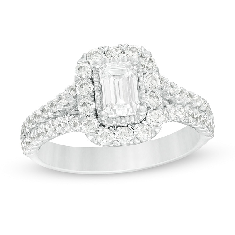 Previously Owned - 1.75 CT. T.W. Emerald-Cut Lab-Created Diamond Frame Split Shank Engagement Ring in 14K White Gold