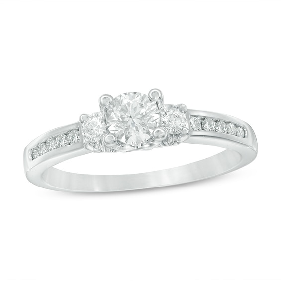 Previously Owned - 0.50 CT. T.W. Diamond Past Present Future® Engagement Ring in 14K White Gold (I-J/I2)