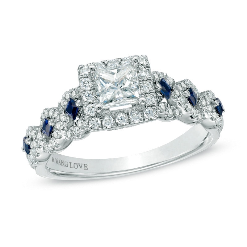 Main Image 1 of Previously Owned - Vera Wang Love Collection 0.95 CT. T.W. Princess-Cut Diamond and Blue Sapphire Ring in 14K White Gold