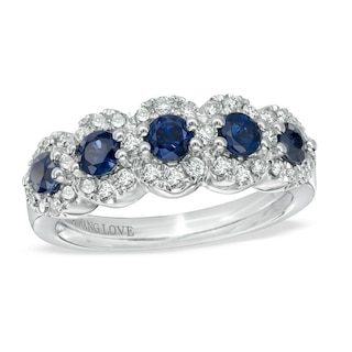 Previously Owned - Vera Wang Love Collection Blue Sapphire and 0.38 CT. T.W. Diamond Five Stone Ring in 14K White Gold