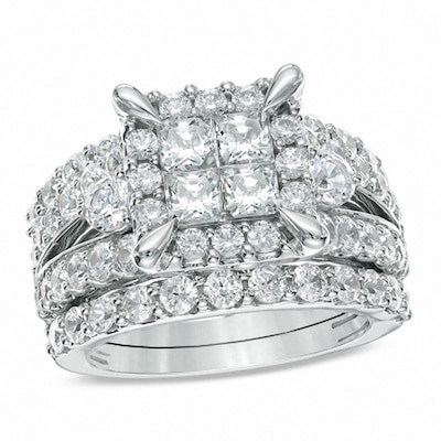 Previously Owned - 4.00 CT. T.W. Quad Princess-Cut Diamond Frame Bridal Set in 14K White Gold