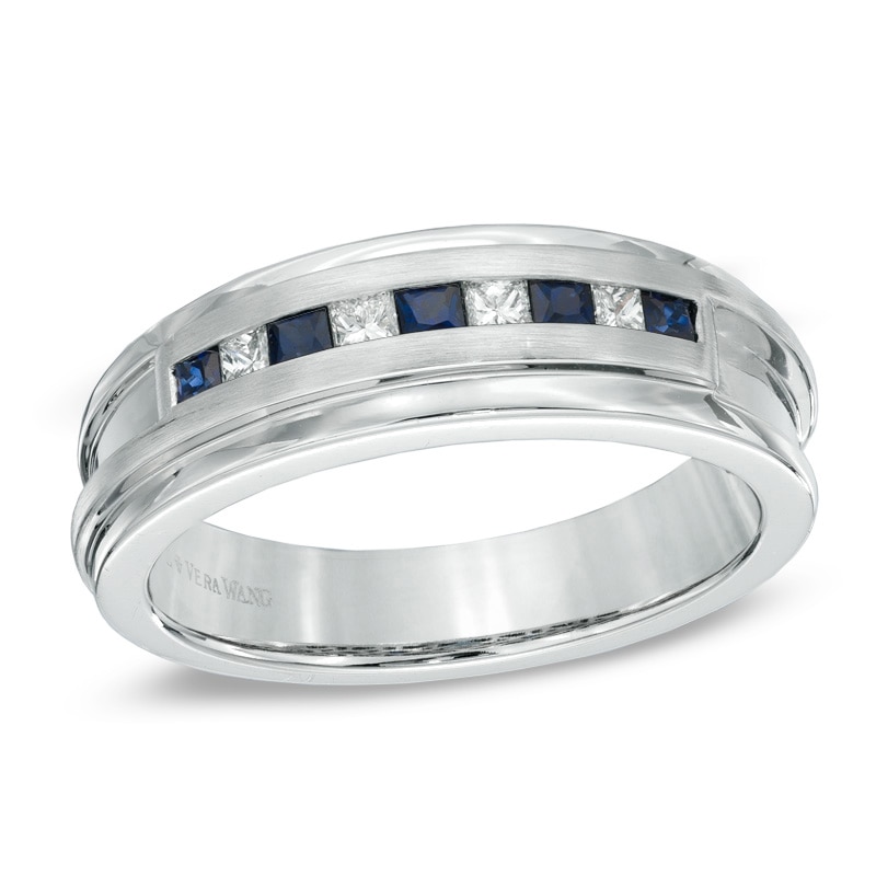 Previously Owned - Vera Wang Love Collection Men's Square Blue Sapphire and 0.18 CT. T.W. Diamond Band in 14K White Gold|Peoples Jewellers