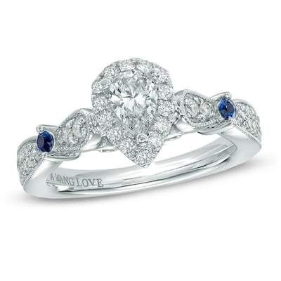 Previously Owned - Vera Wang Love Collection 0.58 CT. T.W. Pear-Shaped Diamond and Blue Sapphire Ring in 14K White Gold