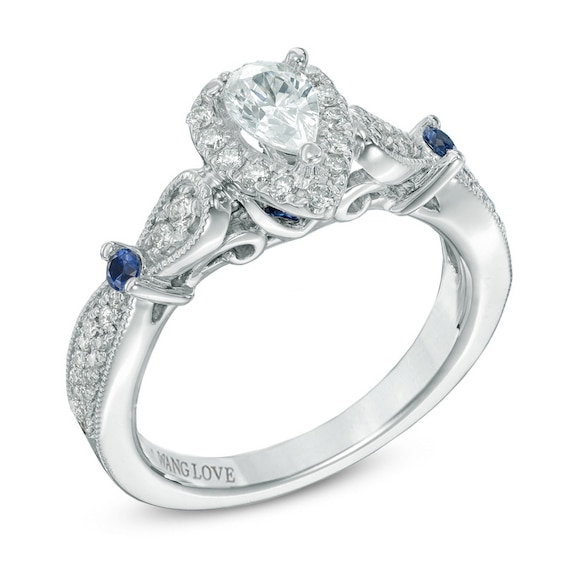 Previously Owned - Vera Wang Love Collection 0.58 CT. T.W. Pear-Shaped Diamond and Blue Sapphire Ring in 14K White Gold