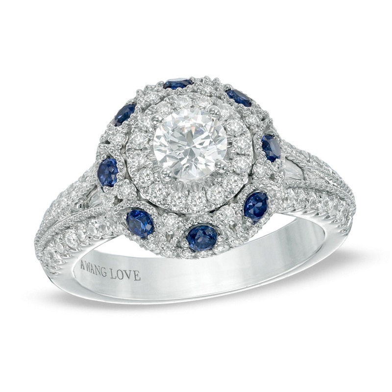 Previously Owned - Vera Wang Love Collection 1.17 CT. T.W. Diamond and Blue Sapphire Frame Ring in 14K White Gold